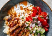 chicken-bowls-with-tomato-cucumber-salad-and-calabrian-chile-sauce