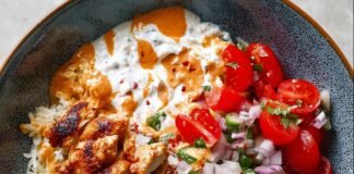 chicken-bowls-with-tomato-cucumber-salad-and-calabrian-chile-sauce
