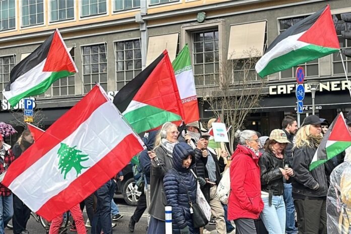 stockholm-protesters-rally-against-israeli-strikes-on-gaza,-lebanon,-and-iran
