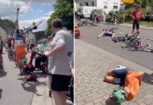 elderly-woman-on-mobility-scooter-runs-into-bike-race-causing-pileup-(video)