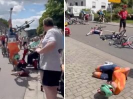 elderly-woman-on-mobility-scooter-runs-into-bike-race-causing-pileup-(video)